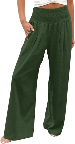 GOKKILRW Women Linen Palazzo Pants Summer Boho Wide Leg Slacks High Waist Flowy Casual Beachwear 2025 Travel Vacation Trouser