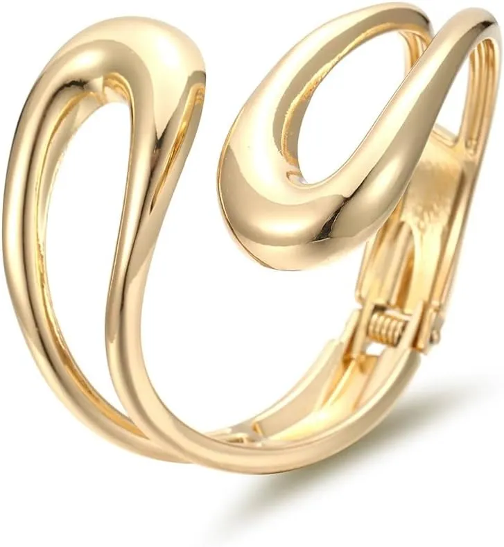 Gold Bangle Bracelets For Women, Polished Chunky Twisted Hinged Waterdrop Spiraled Oval Open Thick Cuff Statement Jewelry Gift