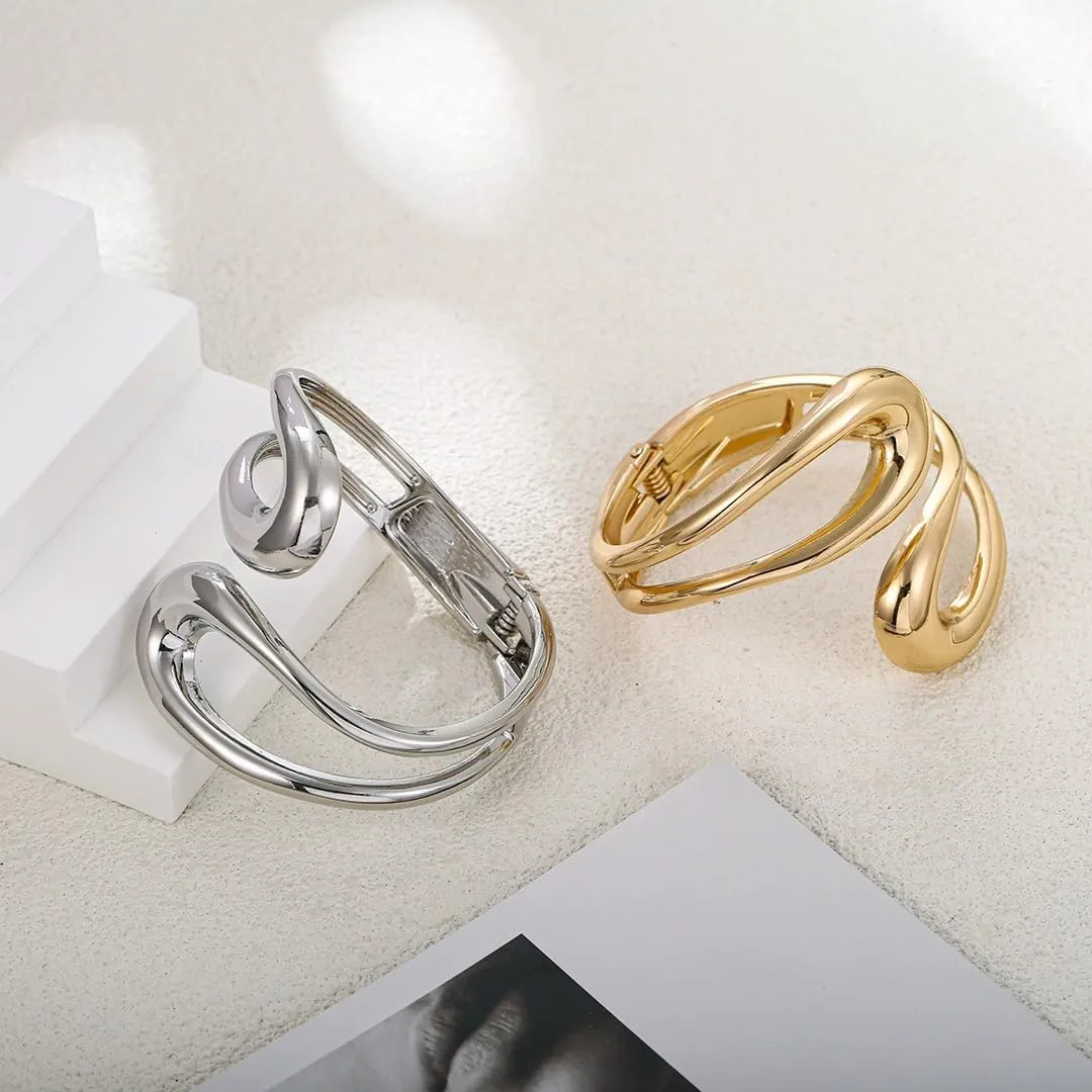 Gold Bangle Bracelets For Women, Polished Chunky Twisted Hinged Waterdrop Spiraled Oval Open Thick Cuff Statement Jewelry Gift