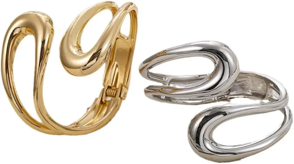 Gold Bangle Bracelets For Women, Polished Chunky Twisted Hinged Waterdrop Spiraled Oval Open Thick Cuff Statement Jewelry Gift