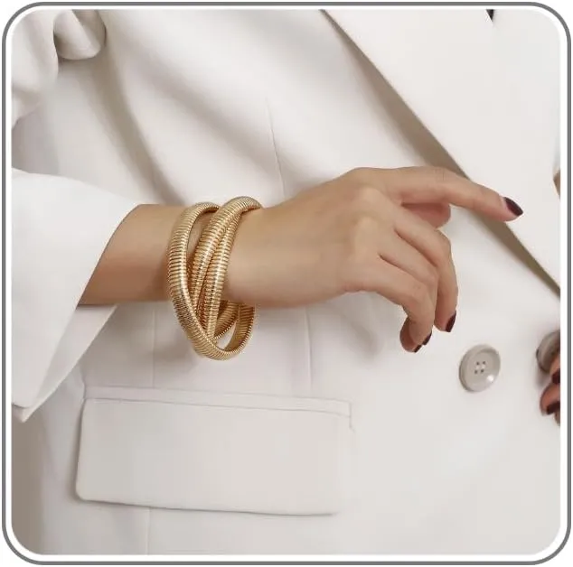 Gold Bangles Bracelet for Women Chunky Stretch Bangles Flexible Wide Wristband Bangles Bracelets Multi-layer Twisted Snake Chain Bracelet Trendy Cuff Bracelets Jewelry Gift
