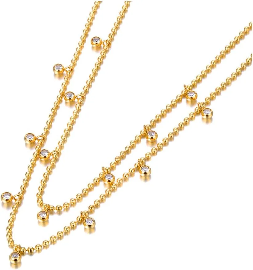 Gold Plated Stainless Steel Double Layered Necklace, Round Cubic Zirconia Bezel Charms, Women's Choker