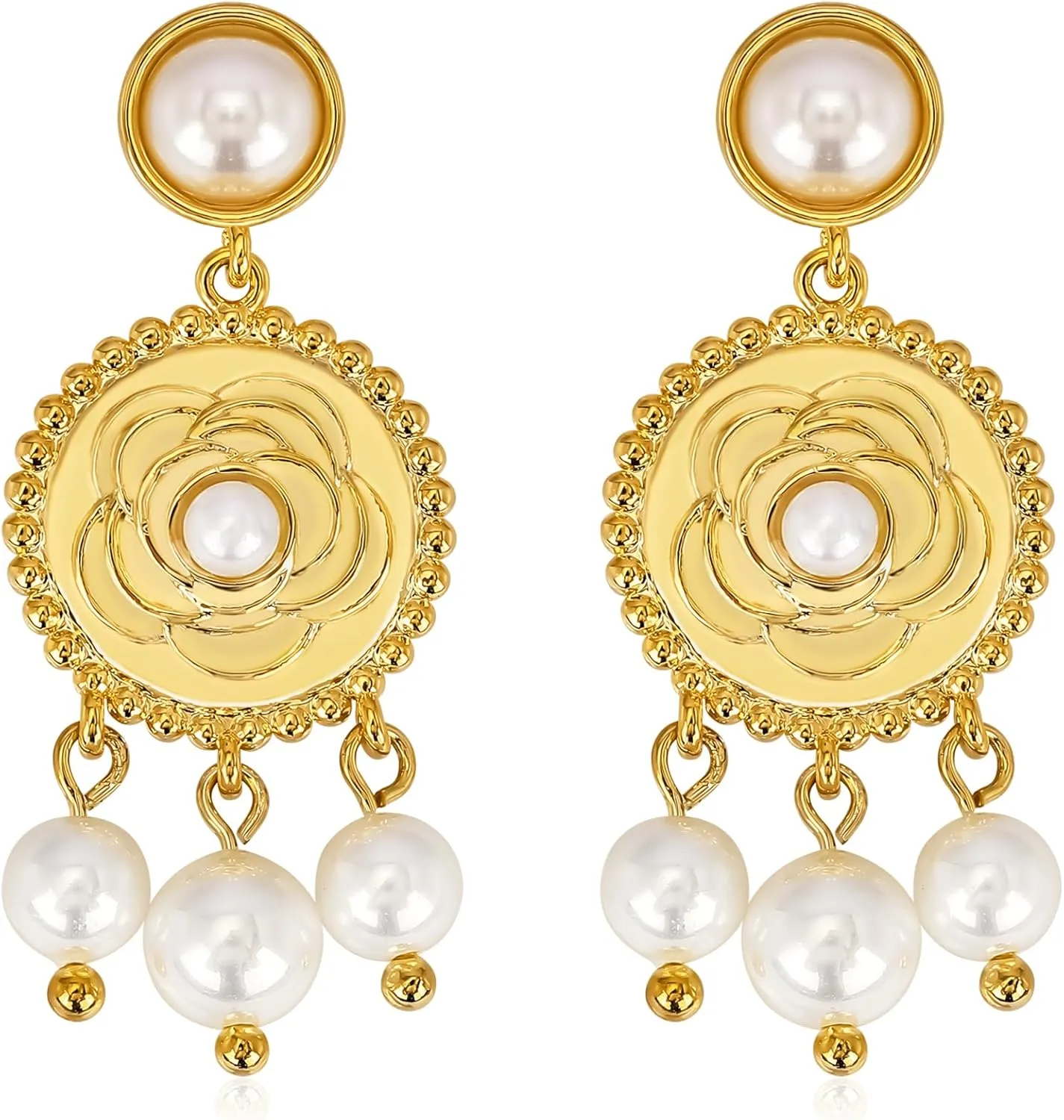 Gold Round Flower Disc Pearl Drop Dangle Earring, 14k Gold Plated Flower Earrings with Pearl Charms, Boho Circle Ball Disk Blossom Summer Statement Dangling Stud Earring Exaggerated Jewelry Gifts