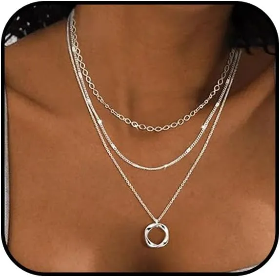 Gold Stacked Necklace for Women Paper Clip Necklace 14k Gold Plated Layered Gold Necklace Square Round Pendant Simple Fashion Pendant Necklace Women's Jewelry Collection