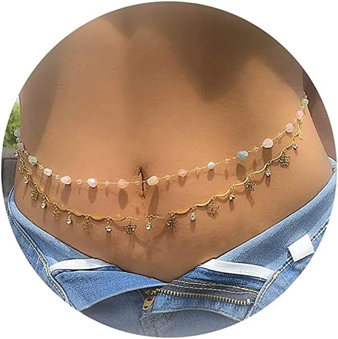 Gold Waist Chains for Women Adjustable Butterfly Layered Belly Chain Rhinestone Multilayer Bikini Waist Chain Summer Beach Belly Chain for Women Girls Jewelry Gifts (Butterfly Belly Chain)