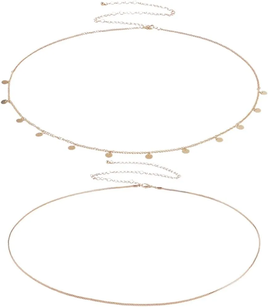 GORGECRAFT 2Pcs Gold Bikini Waist Chain Metal Iron Adjustable Extender Summer Boho Cuban Figaro Women Body Double Layered Sexy Beach Belly Chains for Daily Belts Jewelry Accessories