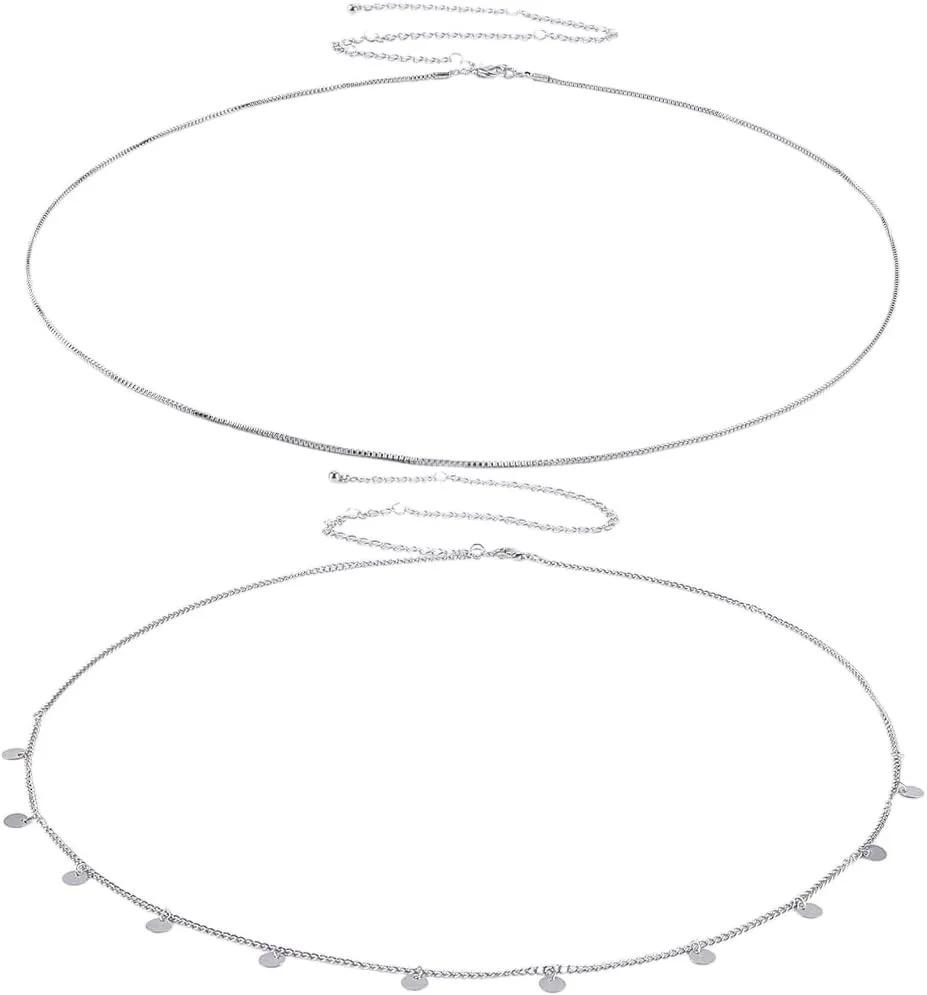 GORGECRAFT 2Pcs Silver Layered Body Chain Belly Chain Metal Adjustable Extender Waist Chain Summer Boho Cuban Figaro Women Sexy Bikini Beach Chains for Daily Belts Jewelry Accessories