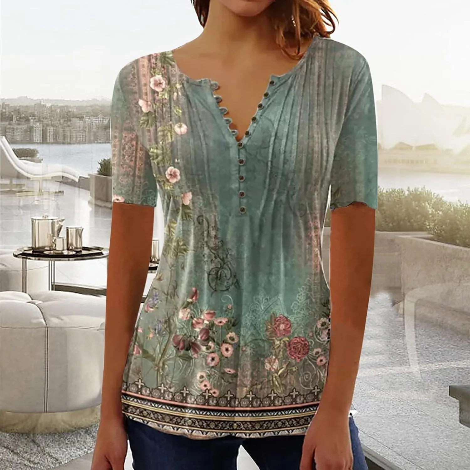 Graphic Tees for Women 2024 Trendy Short Sleeve Empire Waist Button Shirts Summer Casual Floral Print Bohemian Blouse