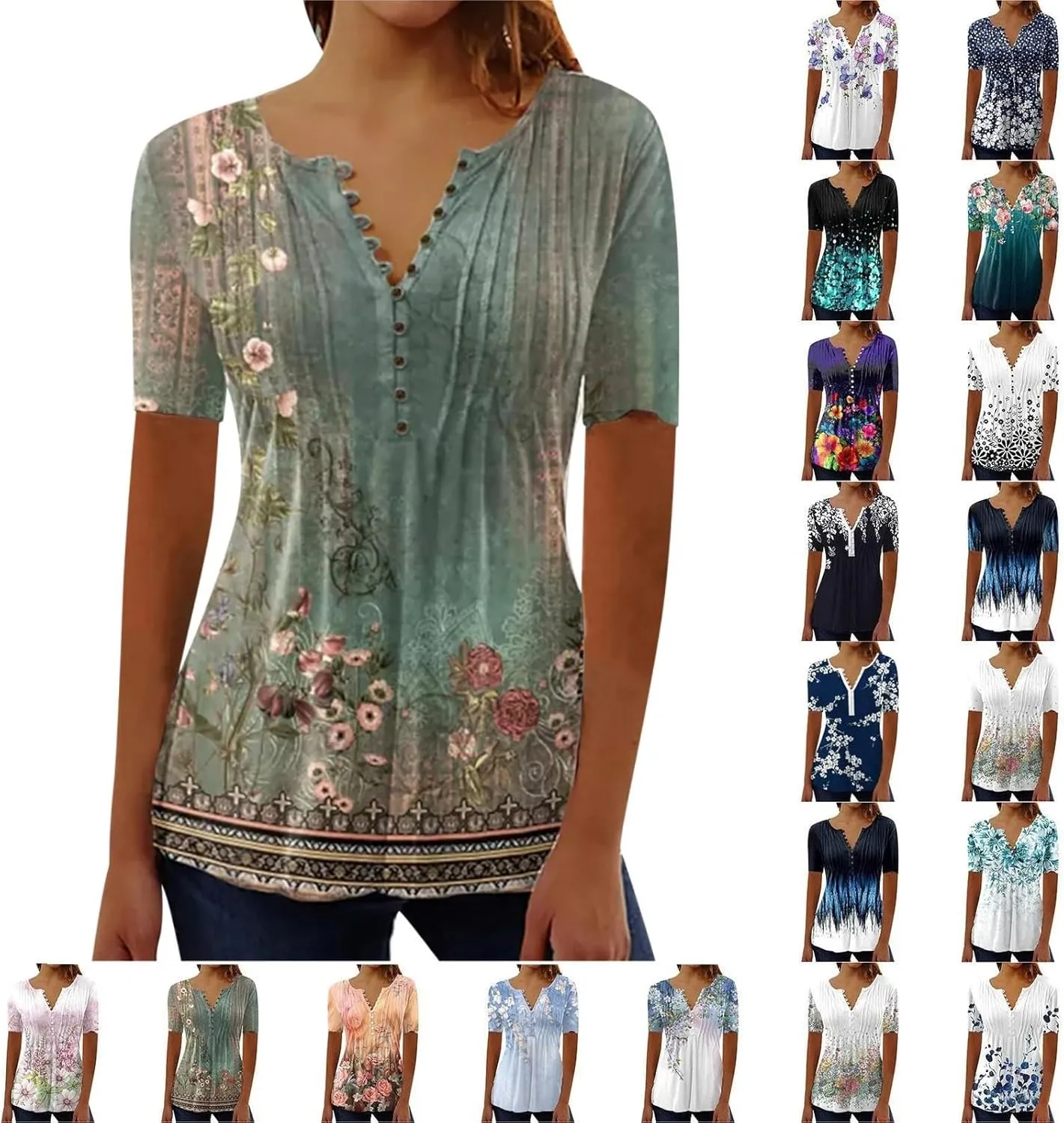 Graphic Tees for Women 2024 Trendy Short Sleeve Empire Waist Button Shirts Summer Casual Floral Print Bohemian Blouse