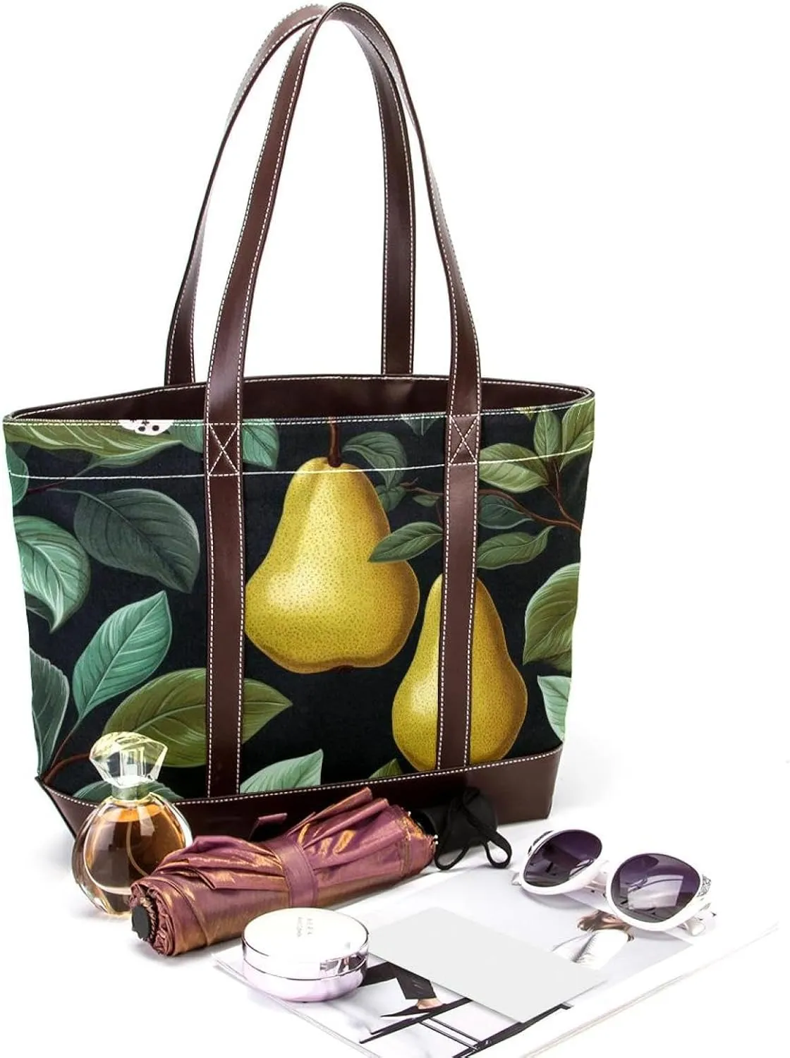 Green Leaves and Yellow Pears-1926 Shoulder Purses for Women Large Soft Washed Leather Purses and Durable Handbags