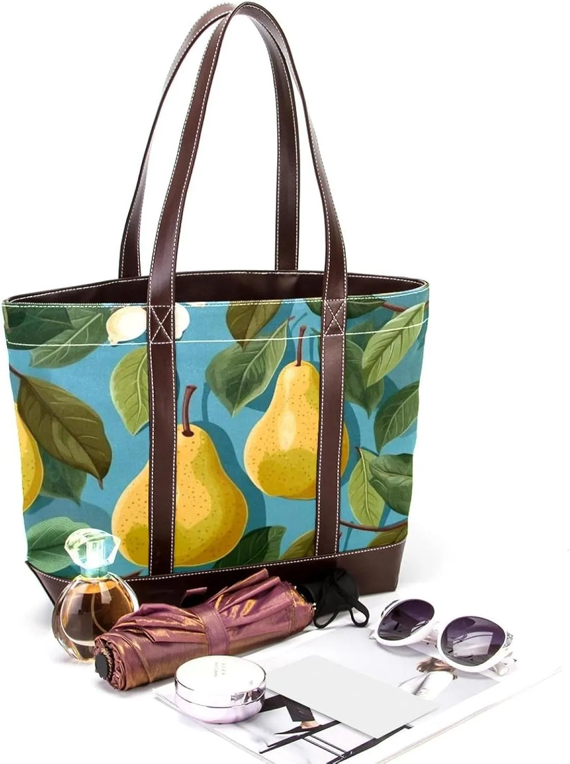 Green Leaves and Yellow Pears-1926 Shoulder Purses for Women Large Soft Washed Leather Purses and Durable Handbags