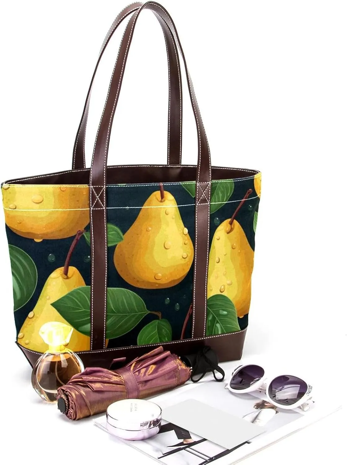 Green Leaves and Yellow Pears-1926 Shoulder Purses for Women Large Soft Washed Leather Purses and Durable Handbags