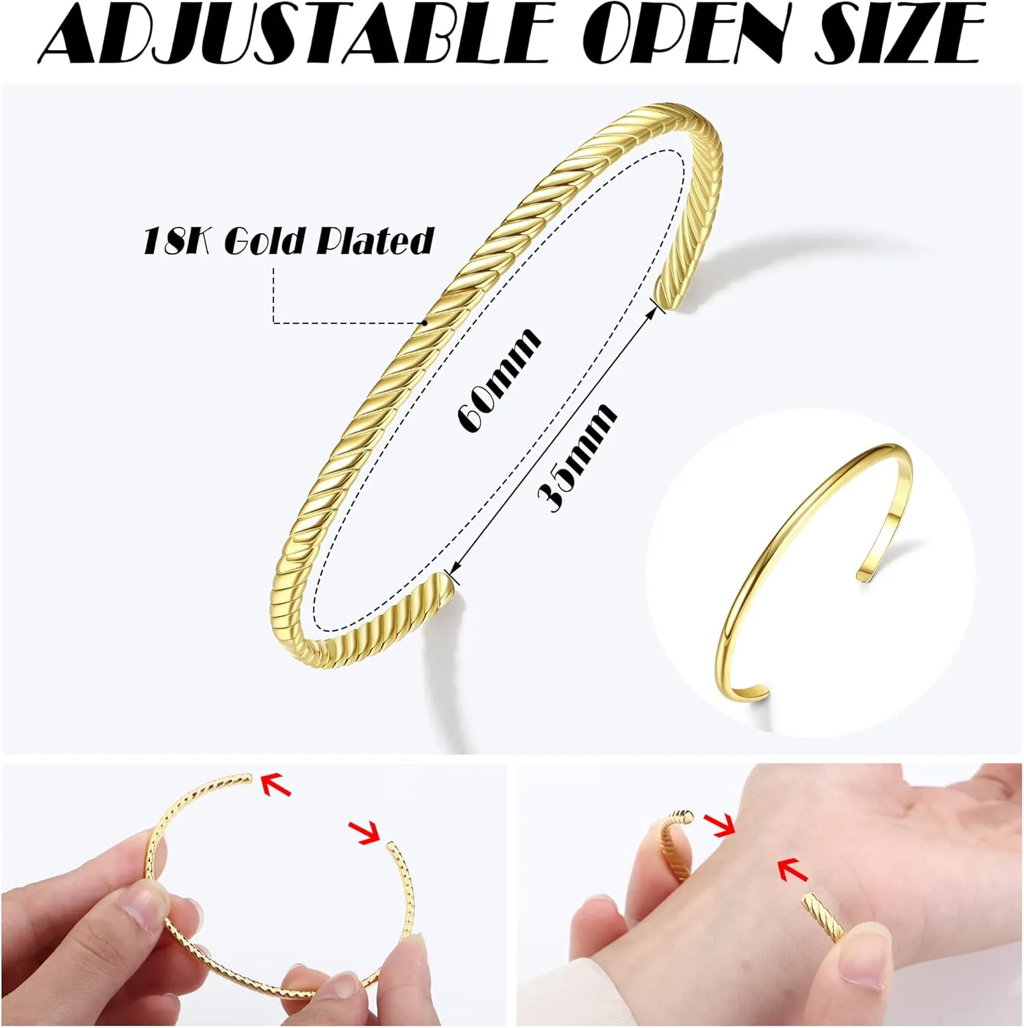 HAIAISO Gold Bracelets 18K Gold Plated Twisted Chunky Bangle Bracelet Plain Polished Adjustable Cuff Bangle Bracelet for Women