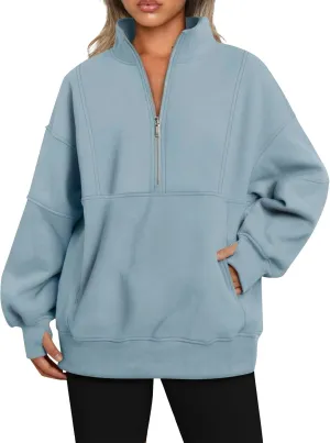 Half Zip Pullover Women Cropped Fleece Oversized Sweatshirt Long Sleeve Thumb Hole Quarter Zipper Hoodies with Pockets