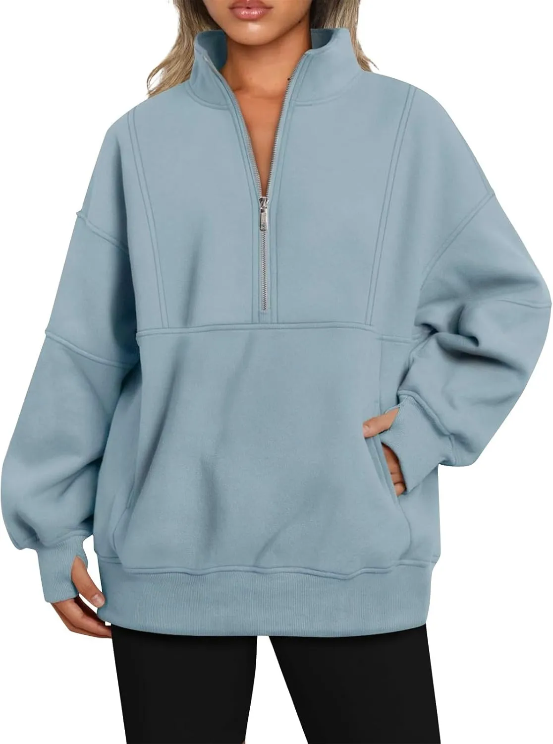 Half Zip Pullover Women Cropped Fleece Oversized Sweatshirt Long Sleeve Thumb Hole Quarter Zipper Hoodies with Pockets