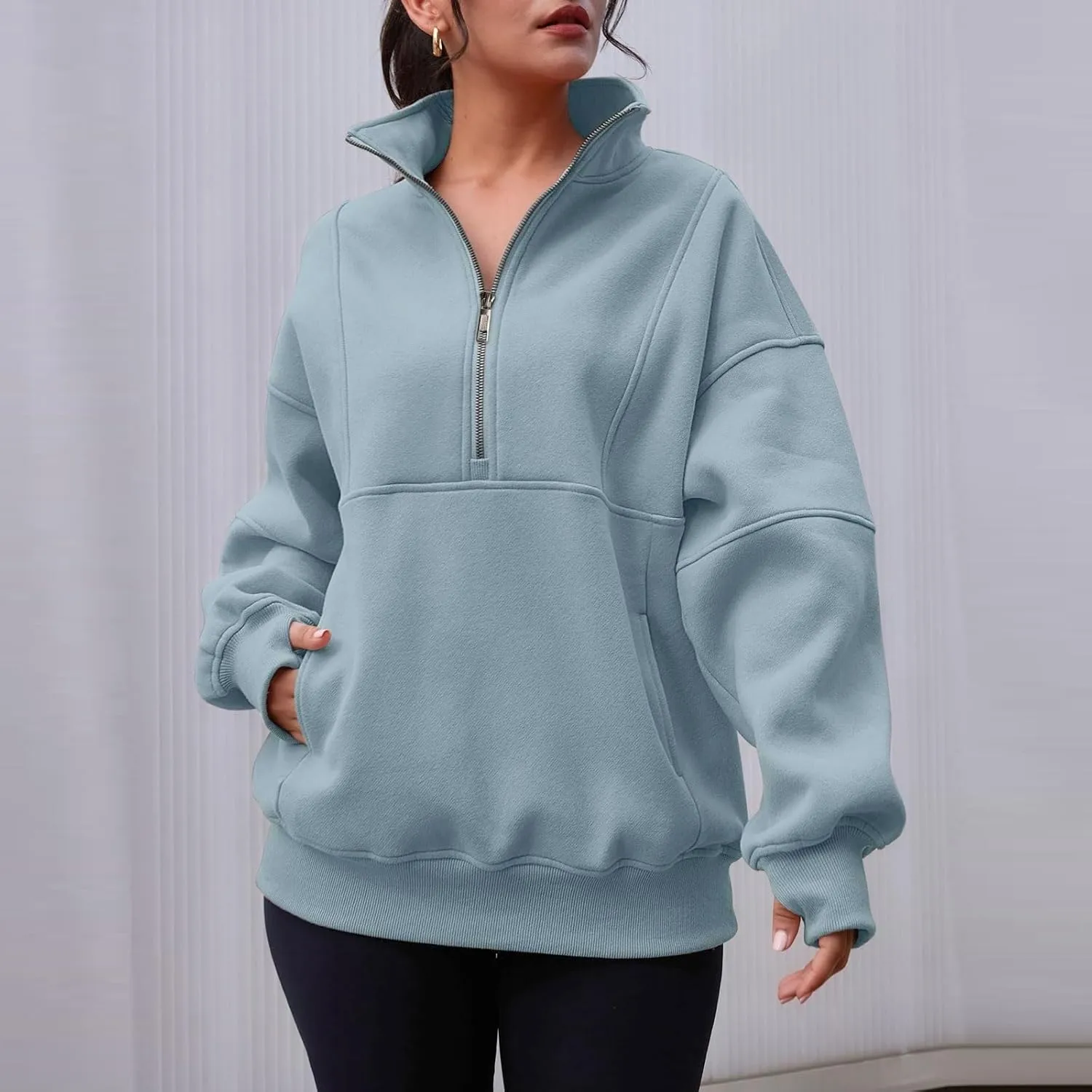 Half Zip Pullover Women Cropped Fleece Oversized Sweatshirt Long Sleeve Thumb Hole Quarter Zipper Hoodies with Pockets