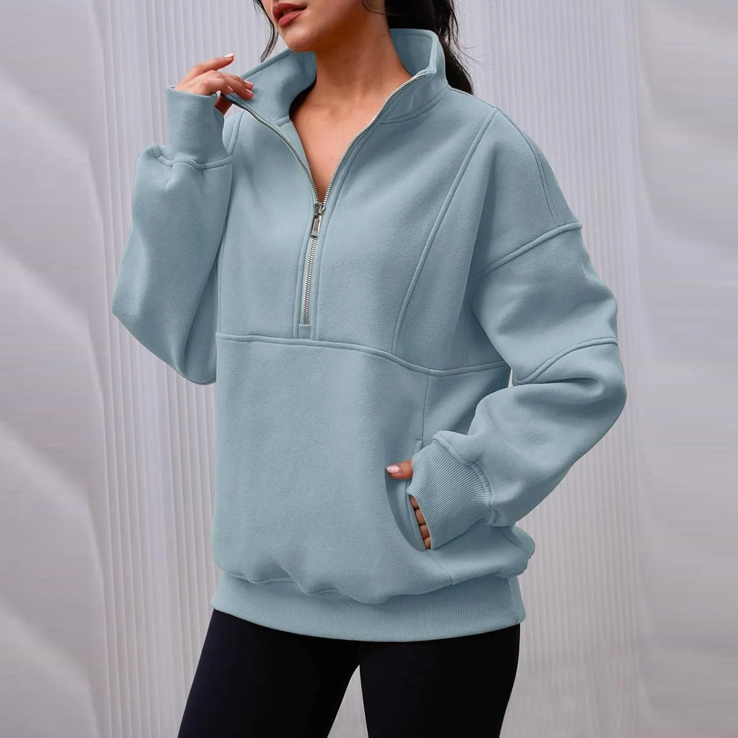 Half Zip Pullover Women Cropped Fleece Oversized Sweatshirt Long Sleeve Thumb Hole Quarter Zipper Hoodies with Pockets