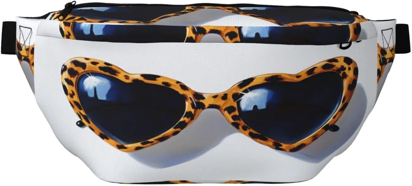 Heart Shaped Sunglasses With A Leopard Print Fanny Pack For Women Man, Waist Belt Bag Crossbody For Sports Travel Hiking Running Jogging