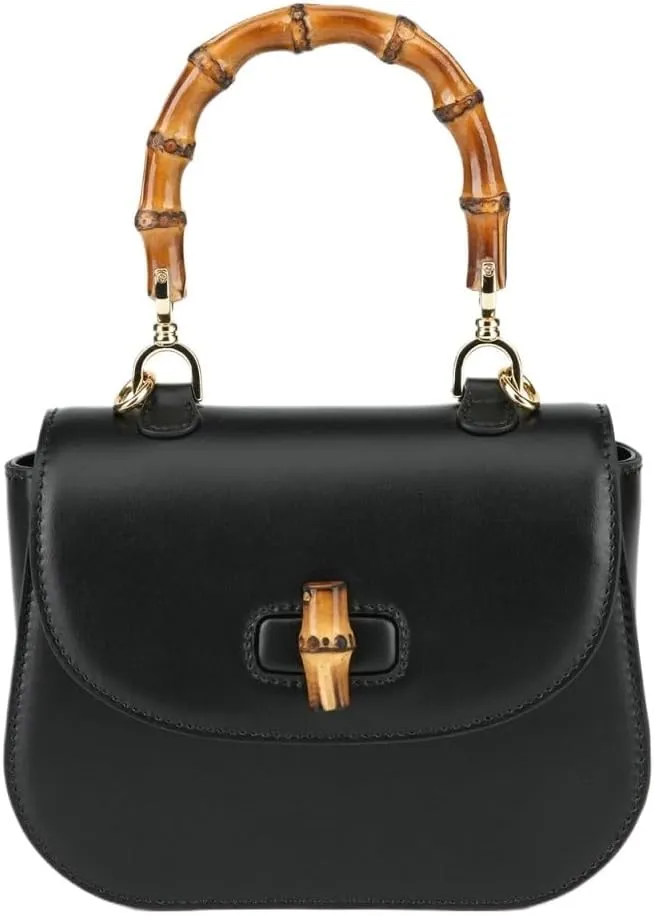 High-end Hand Bag Genuine Leather Women's Bag Bamboo Handle Shoulder Crossbody Bag Tofu Bag(Black)