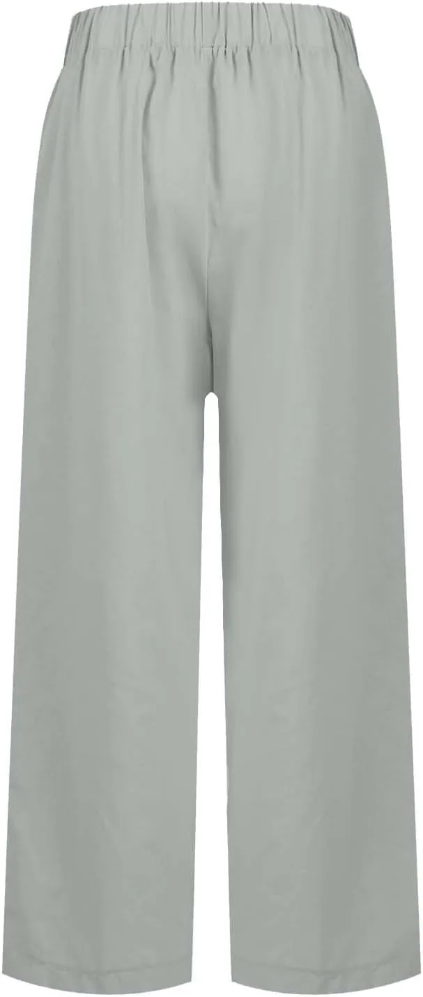 High Waisted Linen Cropped Pants Women Summer Baggy Stretchy Palazzo Lightweight Casual Boho Beach Pants w/Pockets