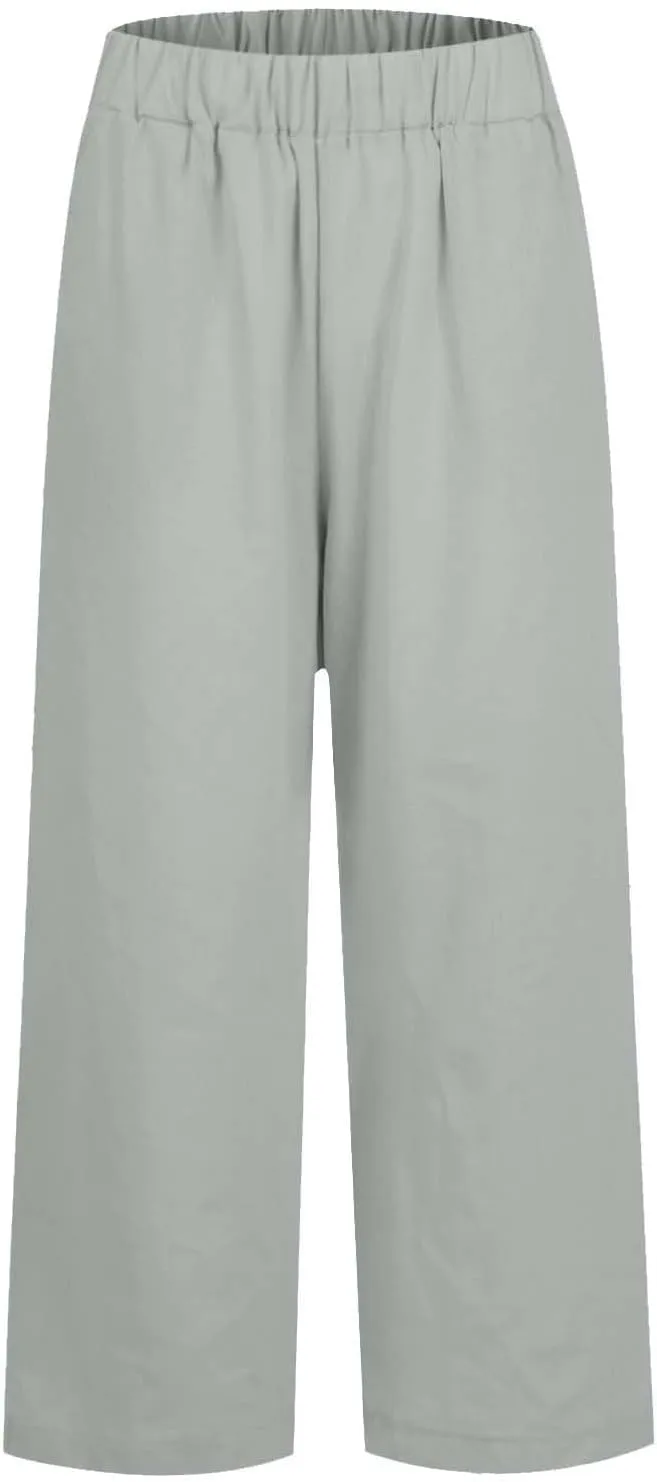 High Waisted Linen Cropped Pants Women Summer Baggy Stretchy Palazzo Lightweight Casual Boho Beach Pants w/Pockets