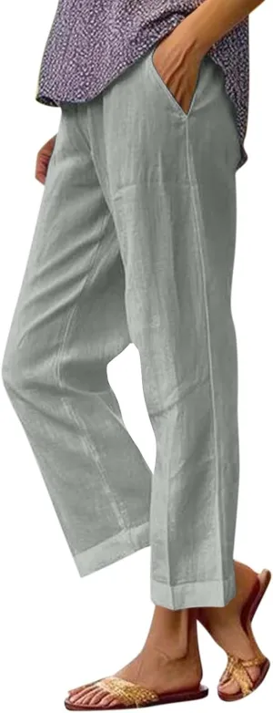 High Waisted Linen Cropped Pants Women Summer Baggy Stretchy Palazzo Lightweight Casual Boho Beach Pants w/Pockets