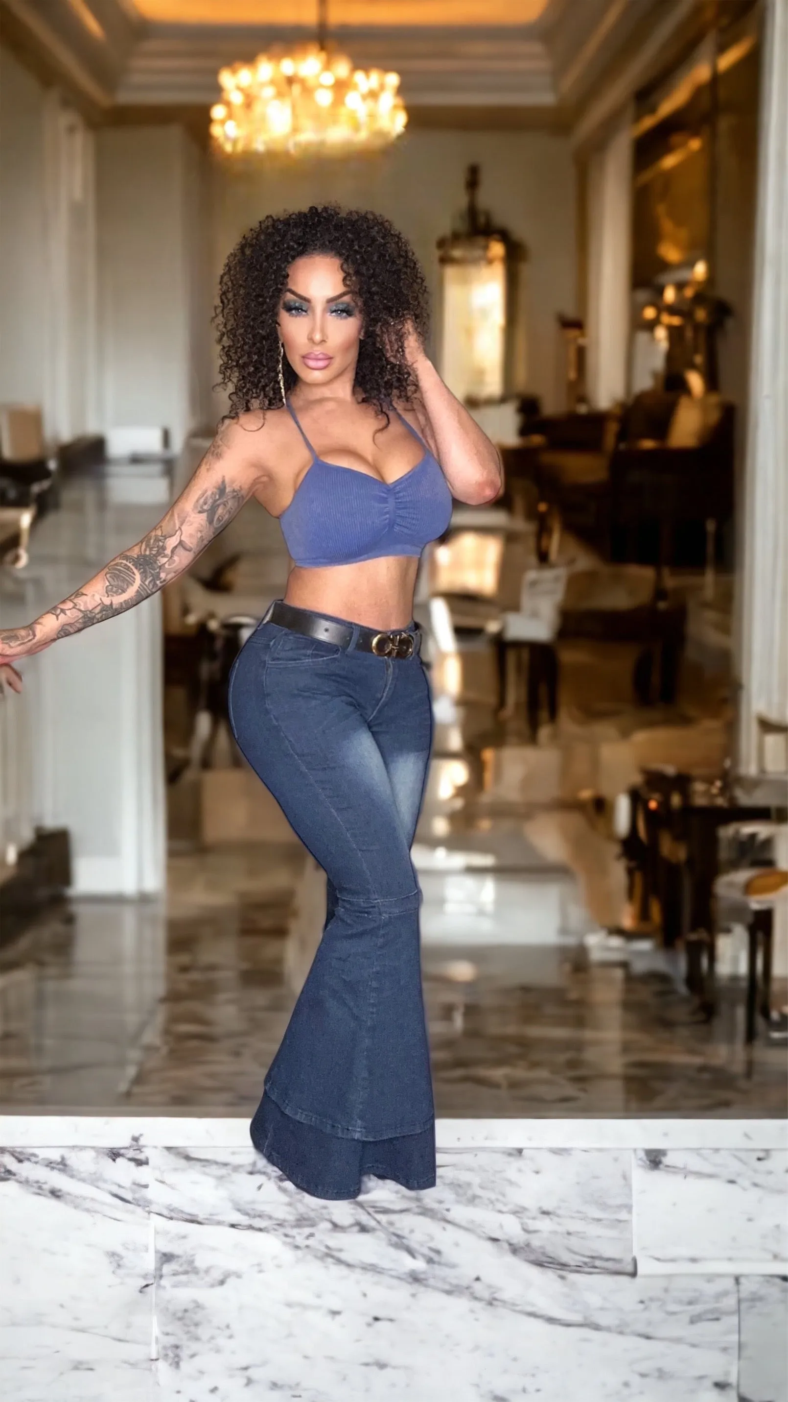 Hip Chick Layered Bell Bottom Jeans (Indigo)