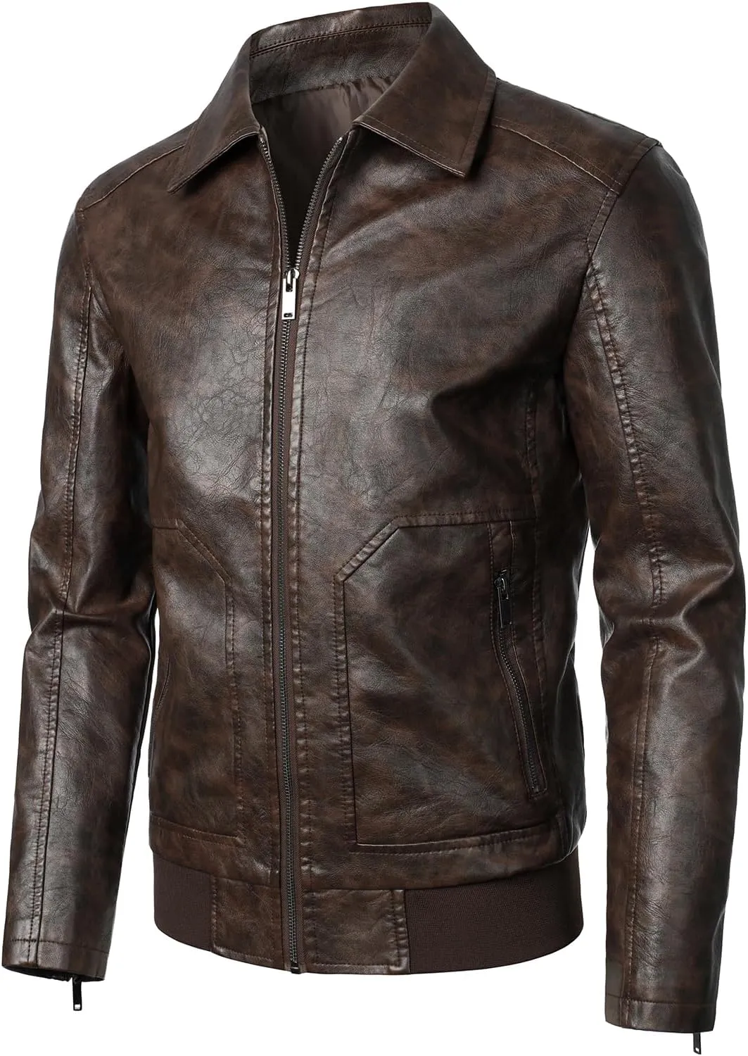 HOOD CREW Mens Faux Leather Bomber Jacket Classic Style Motorcycle Jackets