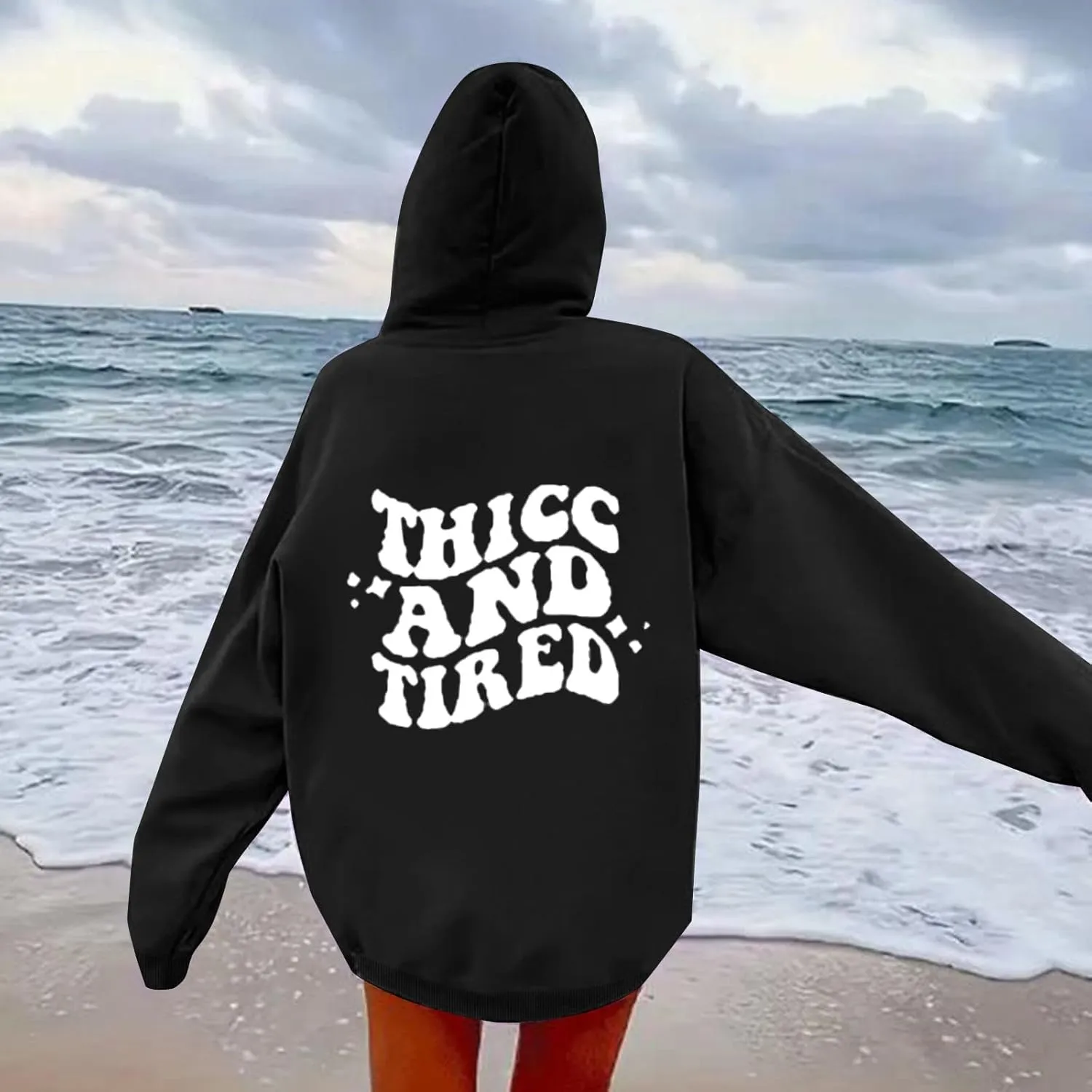 Hoodies Aesthetic Thicc and Tired Shape Printed Christian Pullover Hoodie with Pocket Drop Shoulder Loose Fit Fall Winter
