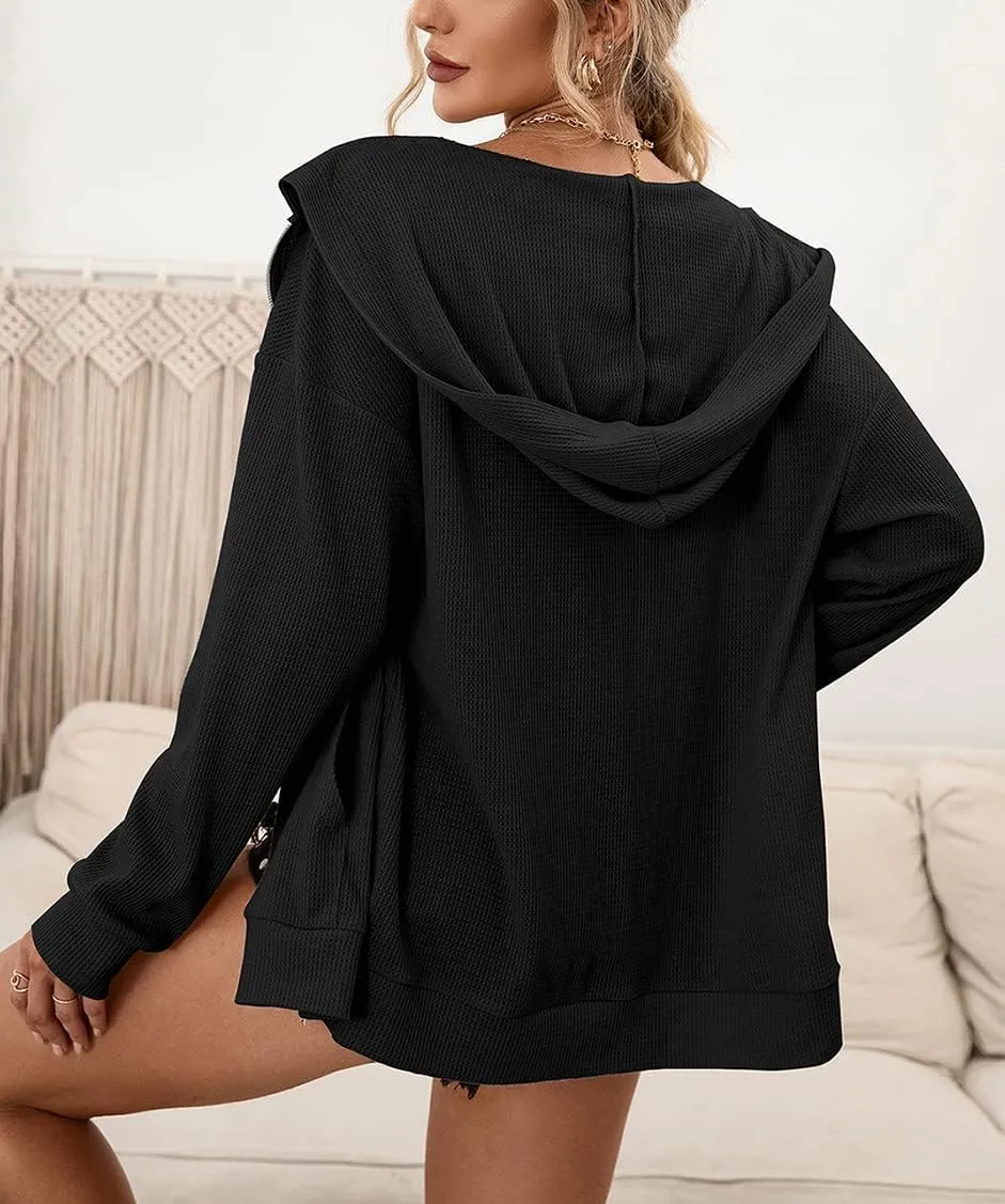 Hotmiss Zip Up Hoodie for Women Long Sleeve Waffle Fall Oversized Sweatshirts Casual Hoodies Jacket with Pocket