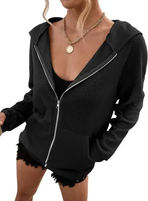 Hotmiss Zip Up Hoodie for Women Long Sleeve Waffle Fall Oversized Sweatshirts Casual Hoodies Jacket with Pocket