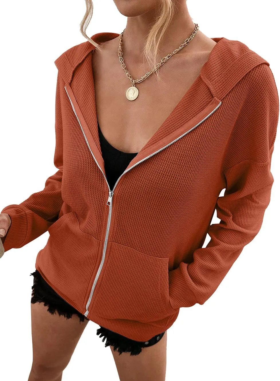 Hotmiss Zip Up Hoodie for Women Long Sleeve Waffle Fall Oversized Sweatshirts Casual Hoodies Jacket with Pocket