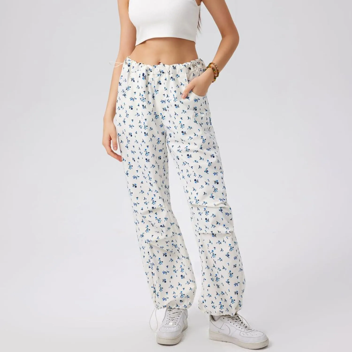 HOXIJIA Women Casual Floral Print Baggy Pants Drawstring High Waist Loose Fit Straight Wide Leg Trousers Y2K Streetwear