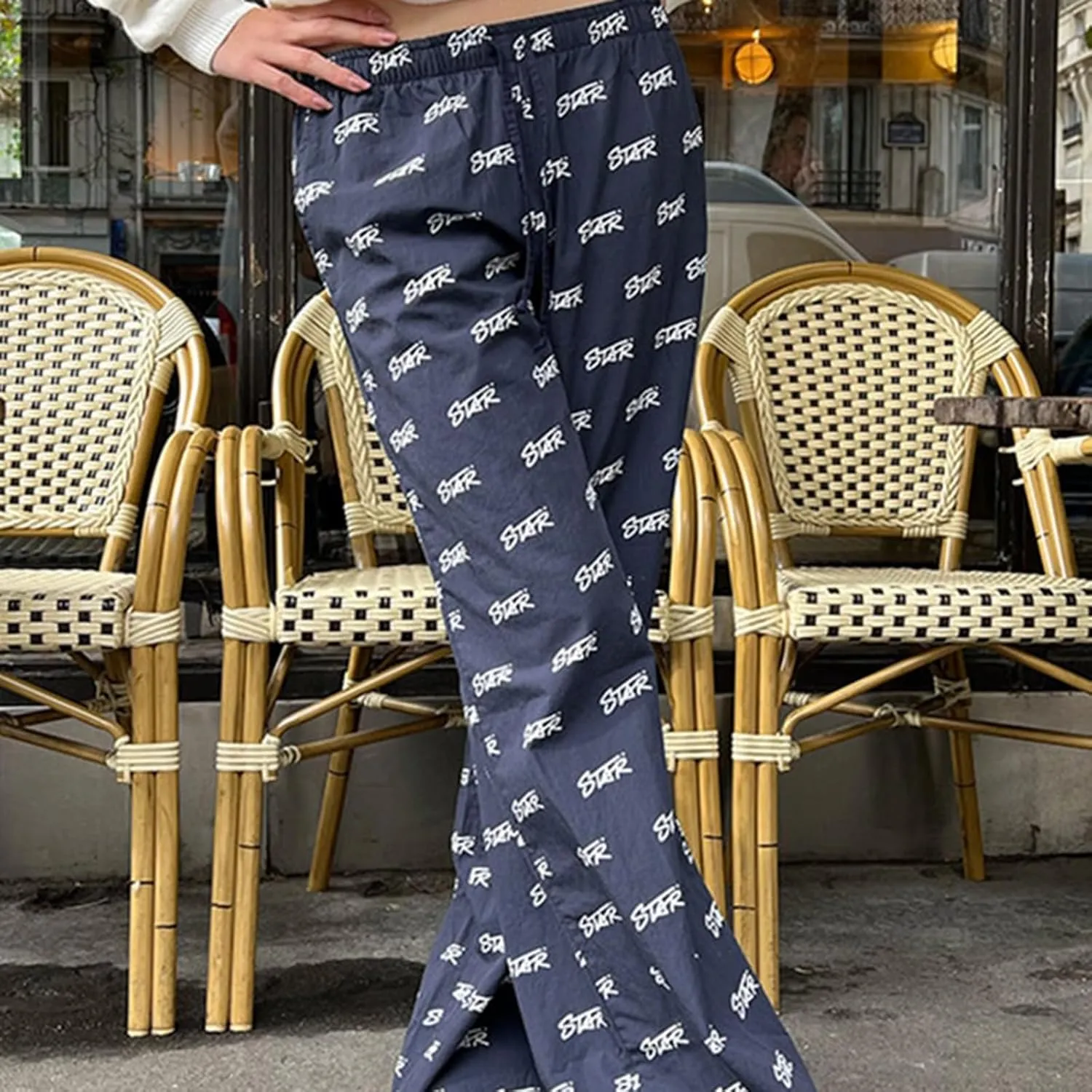 HOXIJIA Women Casual Floral Print Baggy Pants Drawstring High Waist Loose Fit Straight Wide Leg Trousers Y2K Streetwear