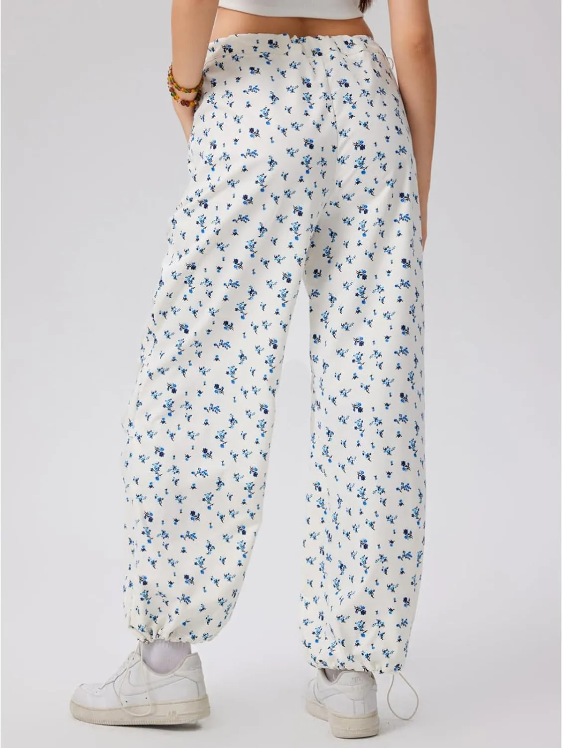 HOXIJIA Women Casual Floral Print Baggy Pants Drawstring High Waist Loose Fit Straight Wide Leg Trousers Y2K Streetwear