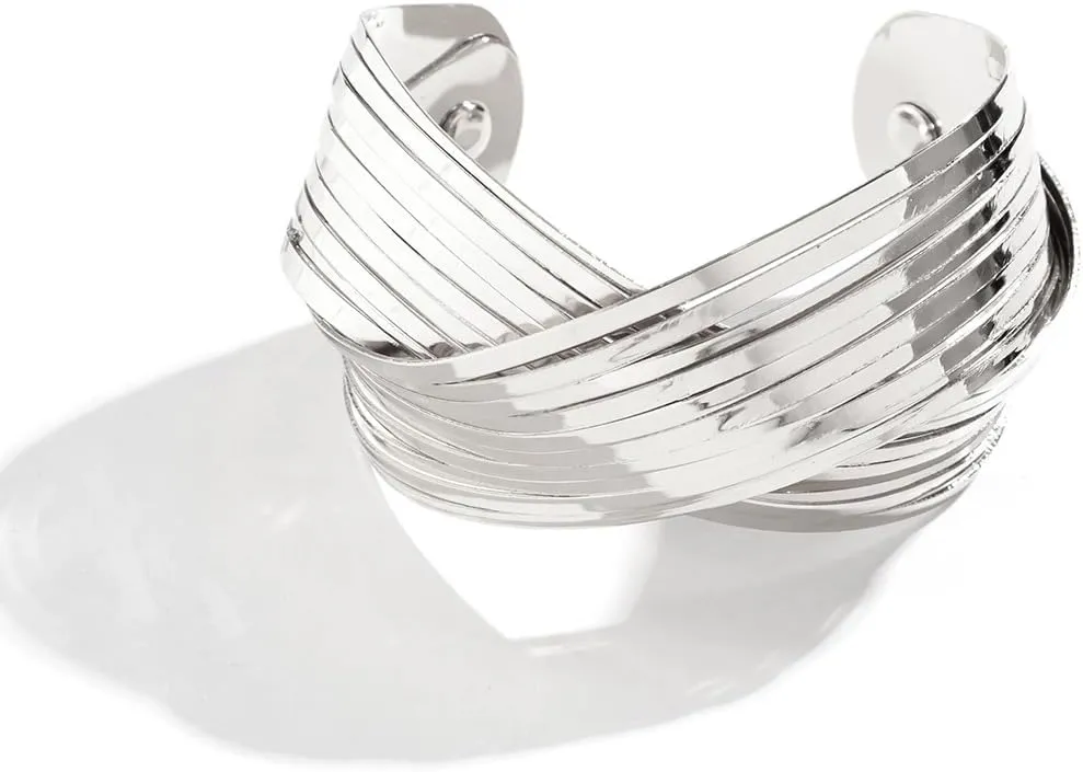 HUJUON Fashion Twisted Cuff Bracelet for Women Chunky Multi-layer Cross Wire Bangle Bracelet Adjustable Wide Boho Wrap Open Bangles Gold Silver Jewelry