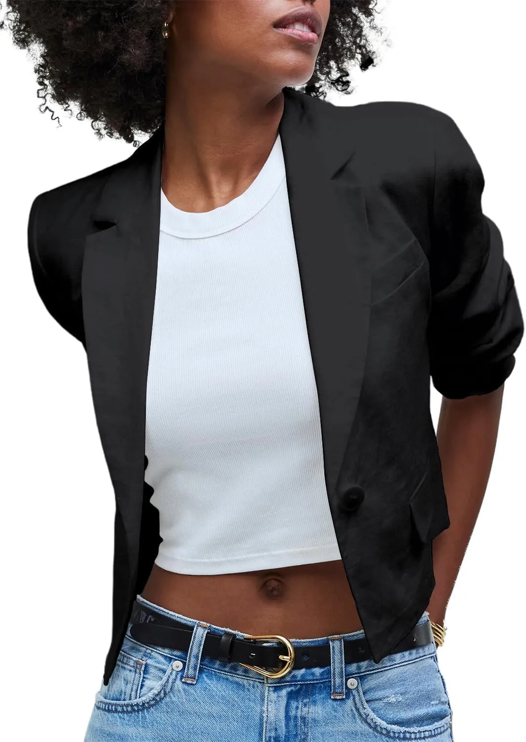 IDEALSANXUN Womens Cropped Blazer Casual Lightweight Cotton Linen Blazer Suit Jackets