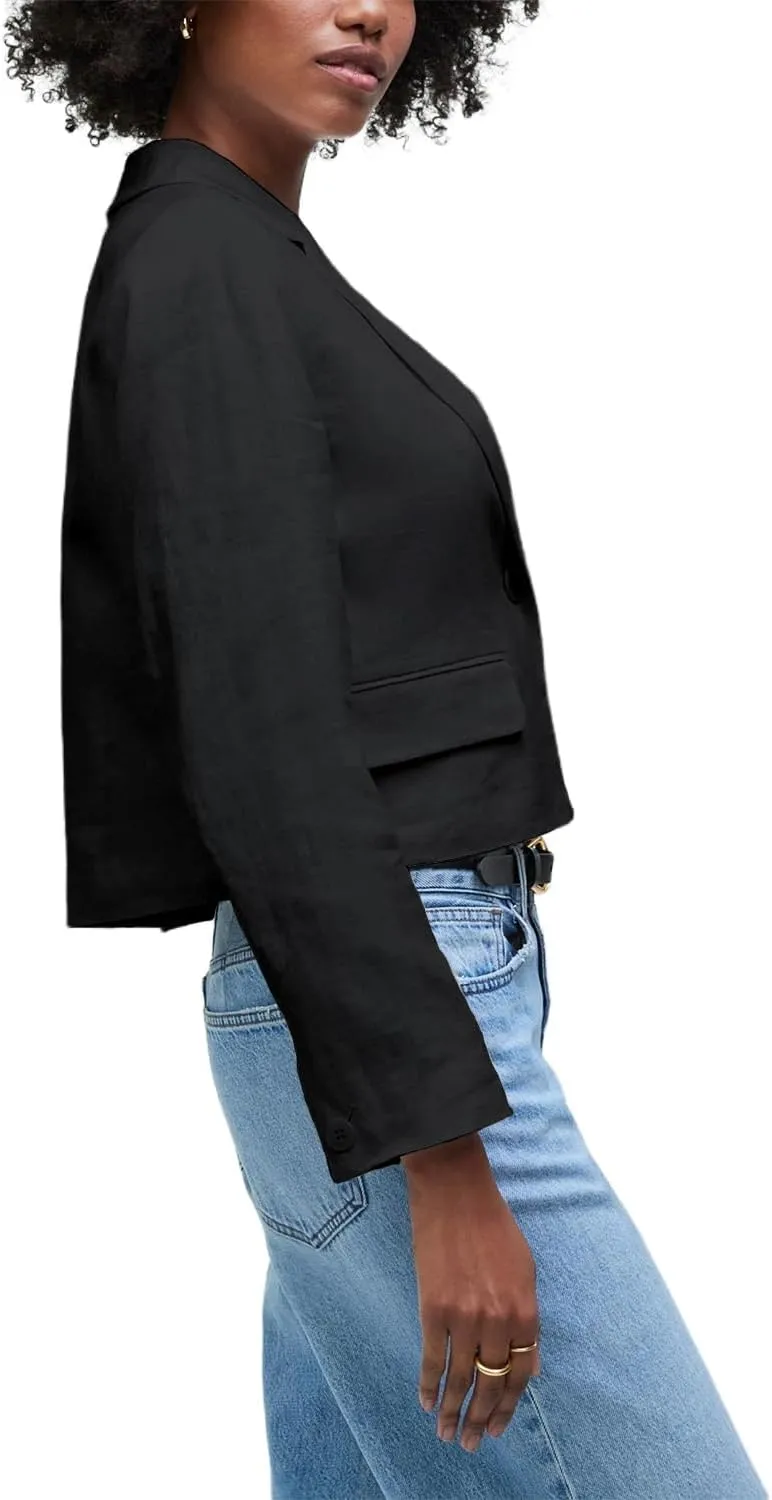 IDEALSANXUN Womens Cropped Blazer Casual Lightweight Cotton Linen Blazer Suit Jackets