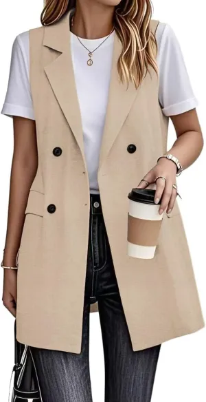 IDEALSANXUN Womens Long Linen Vest Dressy Sleeveless Blazer Jackets Outerwear Tops