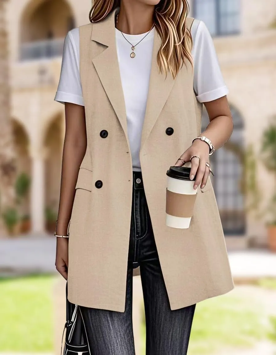 IDEALSANXUN Womens Long Linen Vest Dressy Sleeveless Blazer Jackets Outerwear Tops
