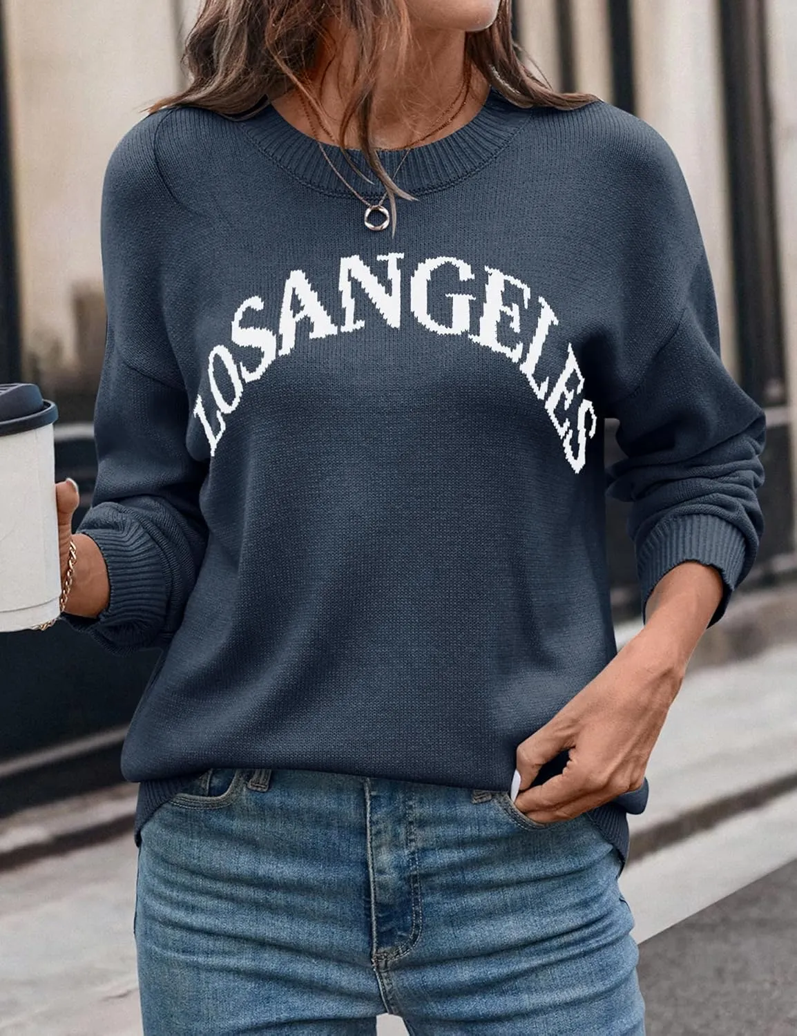 IECCP Womens Graphic Sweater Casual Knit Pullover Drop Shoulder Long Sleeves Crewneck Soft Jumper Tops