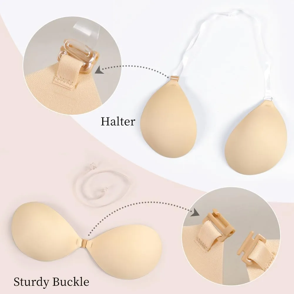 Invisible Adhesive Push-Up Bra Sticky Strapless Bra with Clear Halter Neck Strap for Backless Dresses/Tops