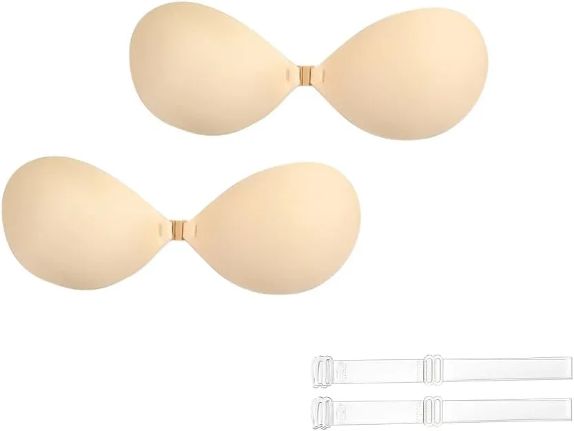 Invisible Adhesive Push-Up Bra Sticky Strapless Bra with Clear Halter Neck Strap for Backless Dresses/Tops