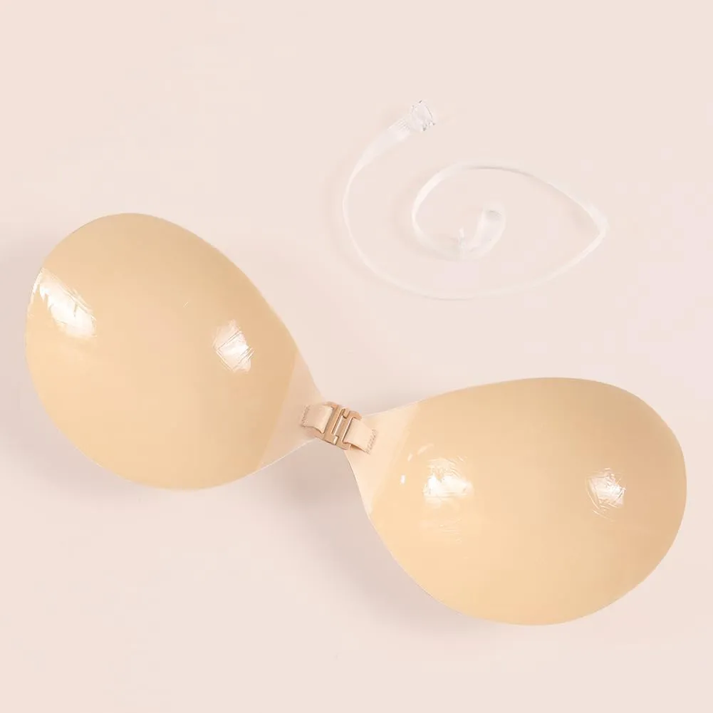 Invisible Adhesive Push-Up Bra Sticky Strapless Bra with Clear Halter Neck Strap for Backless Dresses/Tops