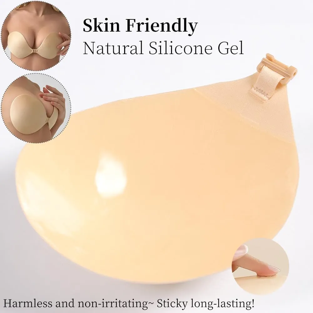 Invisible Adhesive Push-Up Bra Sticky Strapless Bra with Clear Halter Neck Strap for Backless Dresses/Tops