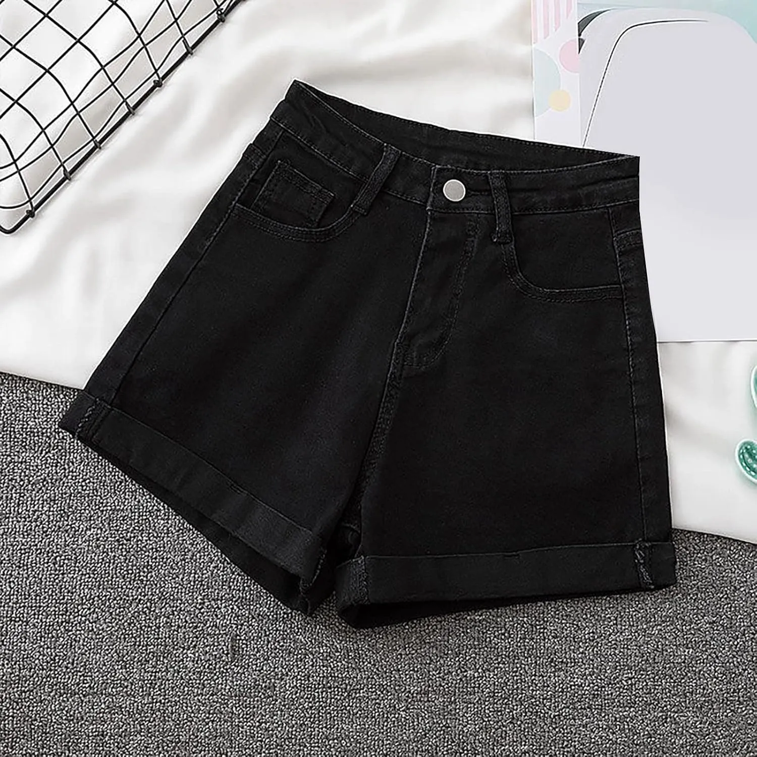 Jean Shorts for Women Summer Casual Loose Fit Elastic High Waisted Shorts Fashion Comfort Wide Leg Shorts with Pockets