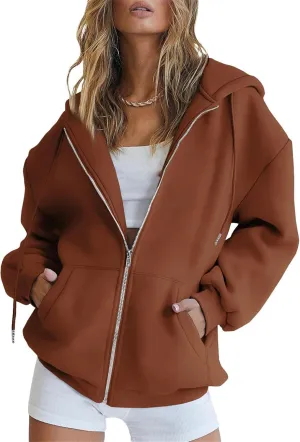 JEsilunmaMY Women's Zip Up Oversized Cute Hoodies Long Sleeve Fall Jacket Sweatshirts Y2K Drawstring Jackets with Pockets