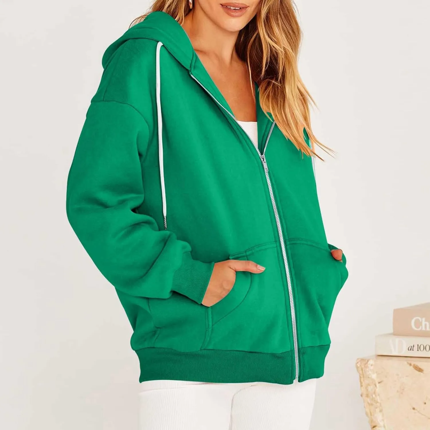 JJHAEVDY Zip Up Hoodie Women Solid Drawstring Sweatshirts Fall Outwear Jacket Hooded Coat Sports Activewear Pocket