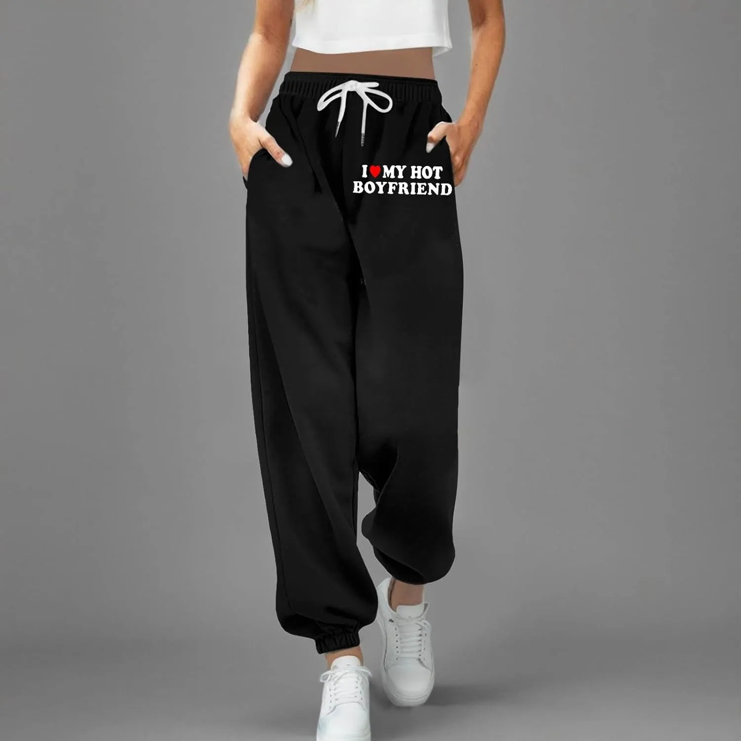 Jogger Sweatpants Women Letter Print Drawstring Casual Jogger Pants High Waist Trousers with Pocket