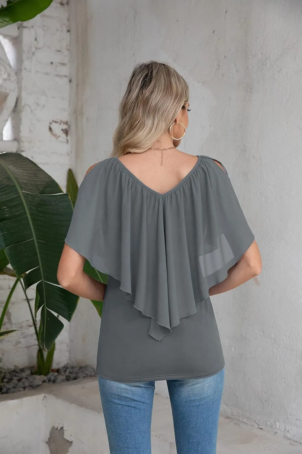Jouica Woman's Summer Cold Shoulder Chiffon Tank Tops Sleeveless Ruffled Flowy Blouse for Women